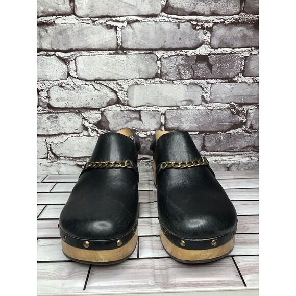 Silent D Georgia Clogs Mules Slingbacks Heeled Black Leather Wood Chain Women 41 - Picture 6 of 16